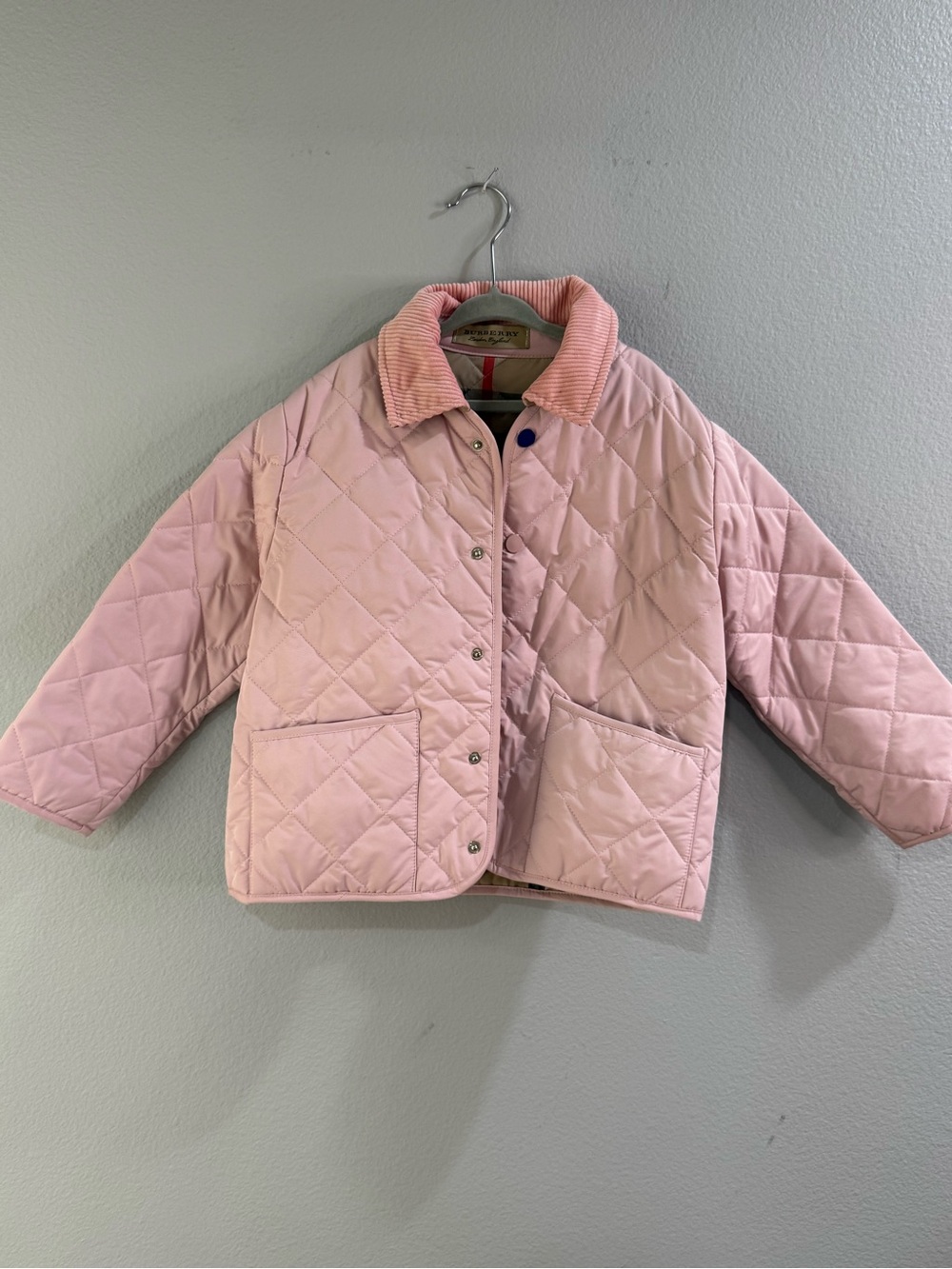 Burberry Light Pink Quilted Puffer Jacket with Corduroy Collar